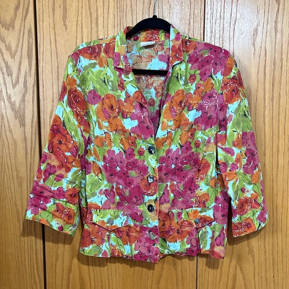 100% linen vintage 90s Y2k artsy floral cropped button up jacket‎ phoebe